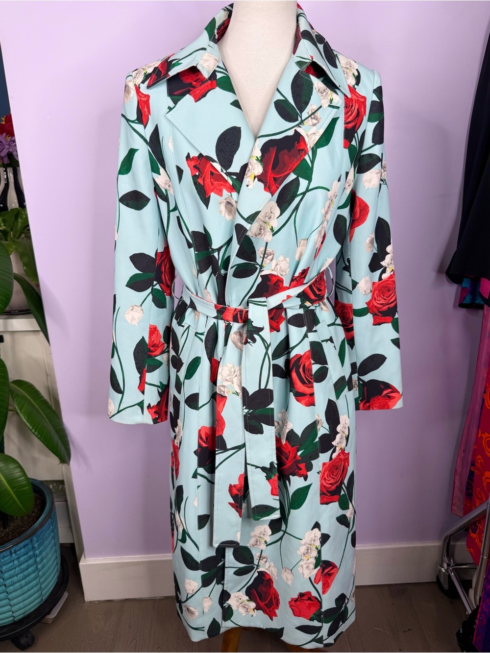 Alice & Olivia Light Blue with Red Rose Print Trench Jacket
